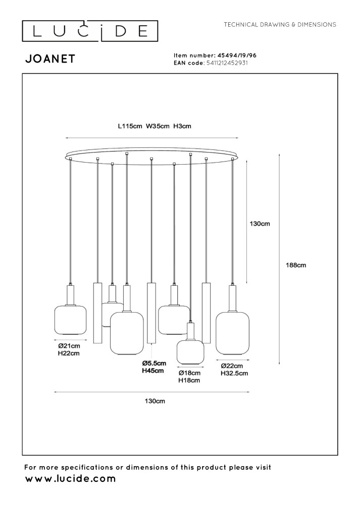 Pendant lamp Joanet 6-light gold Lucide 5411212452931