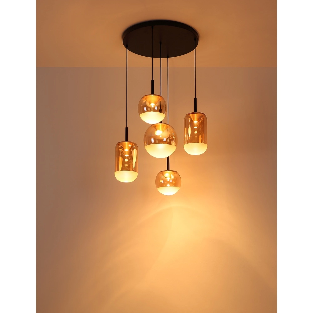 Design pendant lamp Severin 5-light black with amber glass Globo 9007371537945