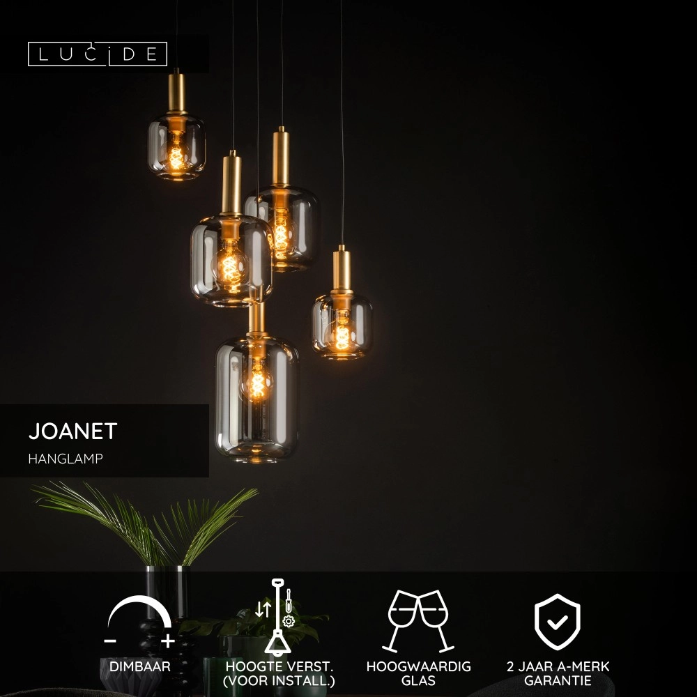 5-light pendant lamp Joanet Ø 66cm gold with smoke glass Lucide 5411212451439