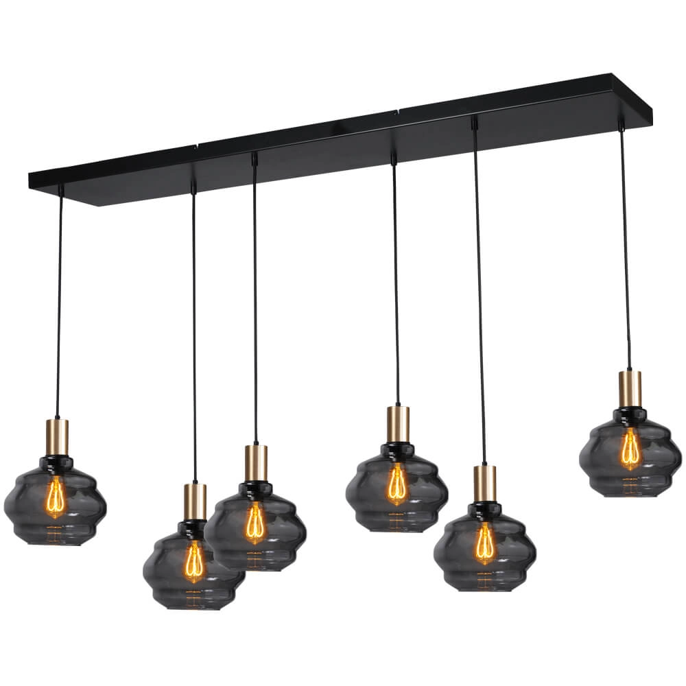 6-light hanging lamp - gold - Porto with Ball smoke glasses