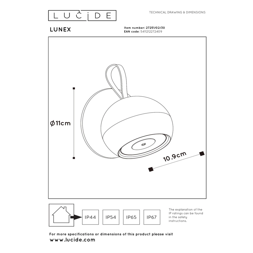 Rechargeable wall lamp Lunex Black Magnetic Lucide 5411212272409