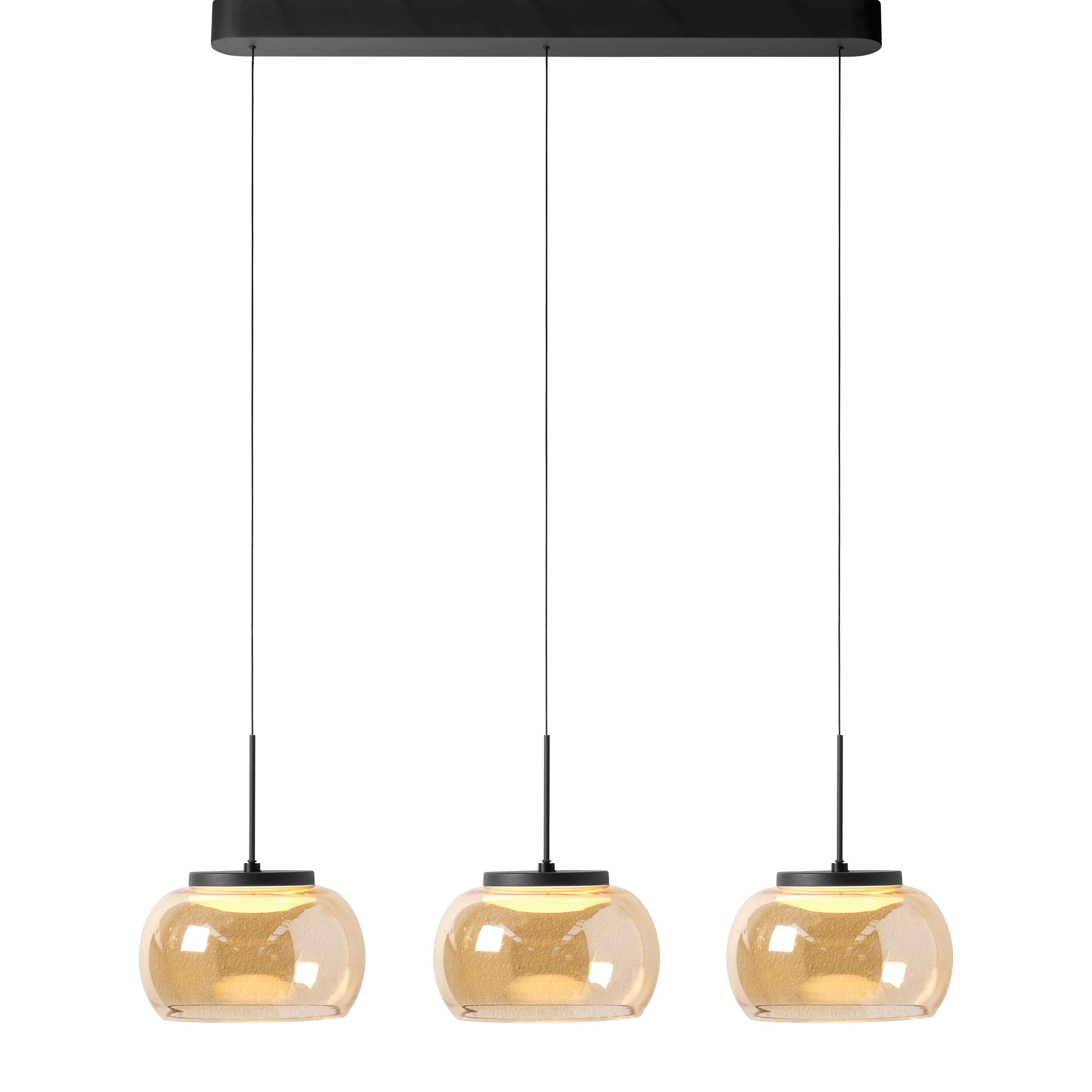 3-light pendant lamp Bounto black straight amber glass