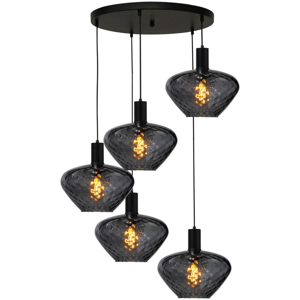 5-light loft hanging lamp - black - Porto with Blossom smoke glasses