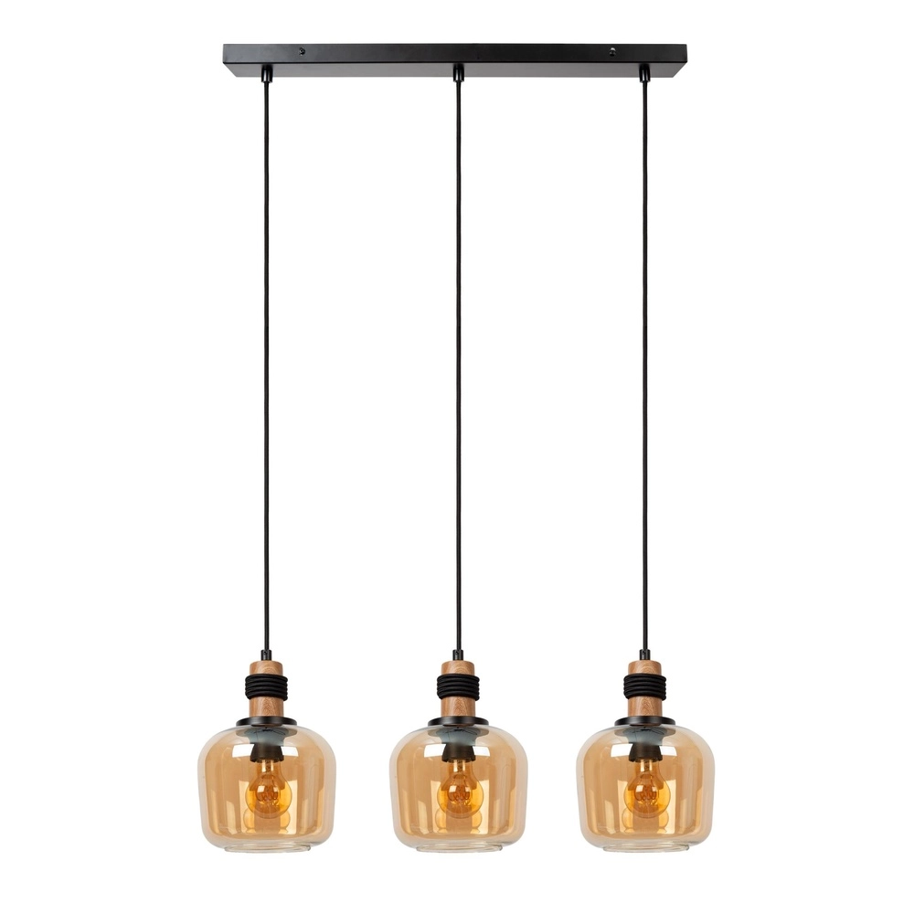 3-light pendant lamp Ilona black with amber glass