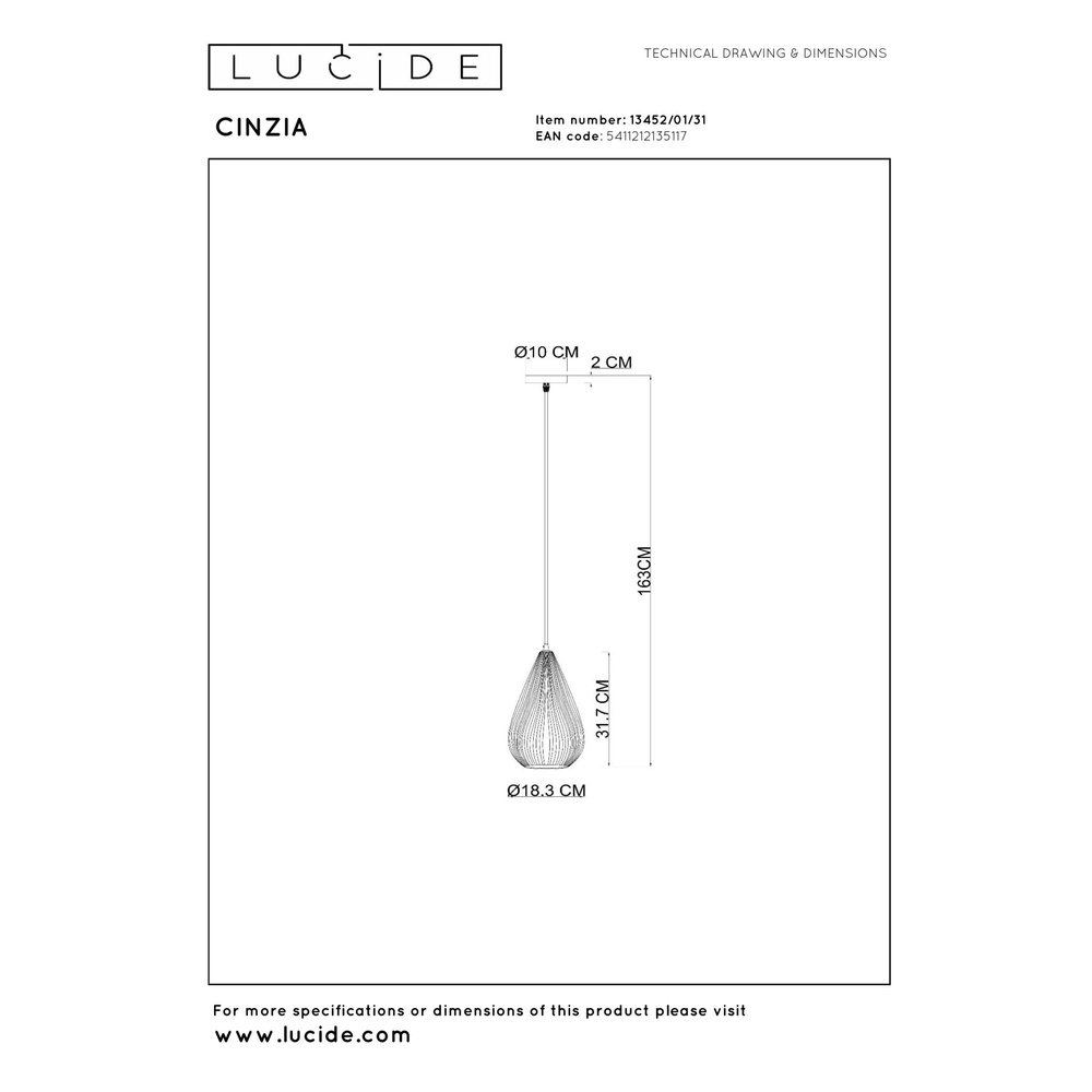 Design pendant lamp Cinzia white Ø 18,3cm Lucide 5411212135117