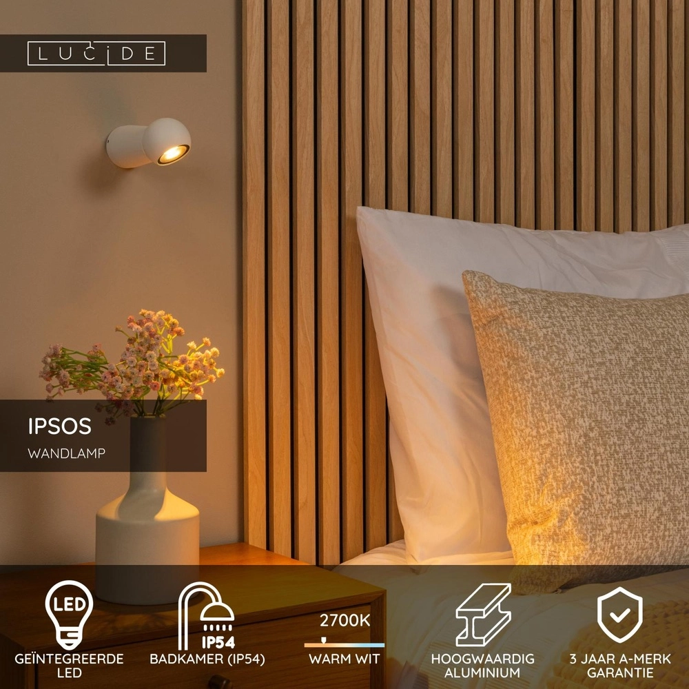 Bathroom wall lamp Ipsos white IP54 Lucide 5411212334015