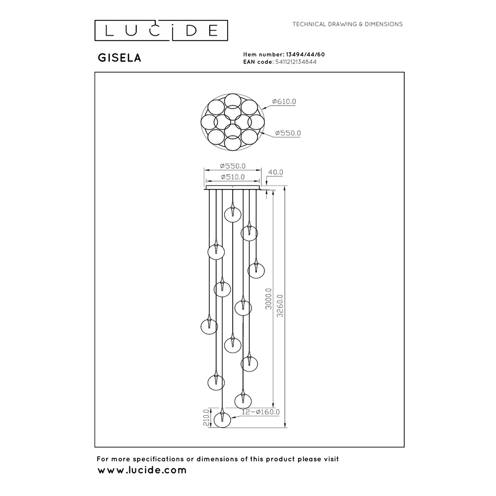 Design LED pendant light Gisela clear - 12x Ø 16cm Premium by Lucide 5411212134844