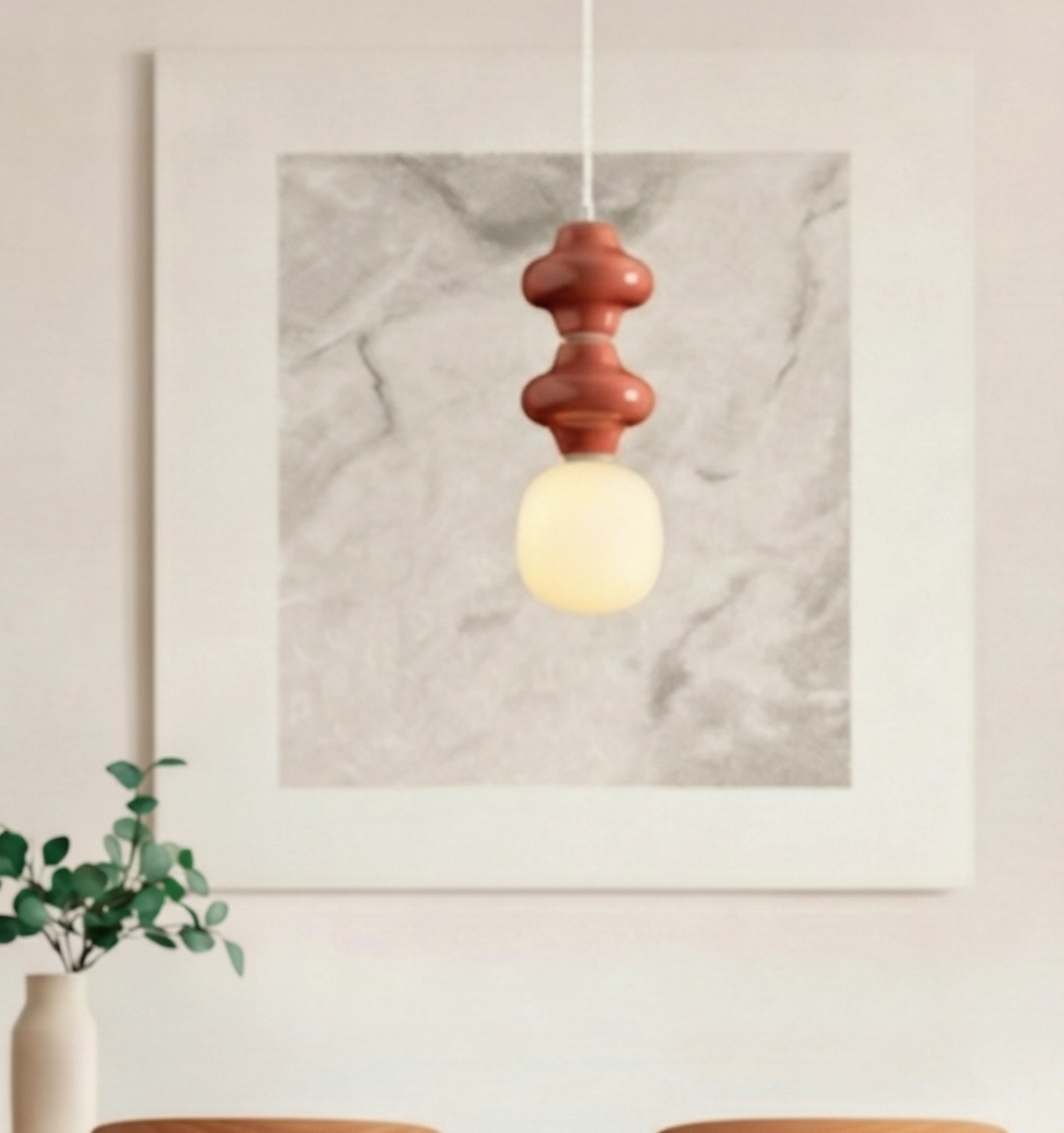 Pendant lamp Clio M red ceramic with white glass