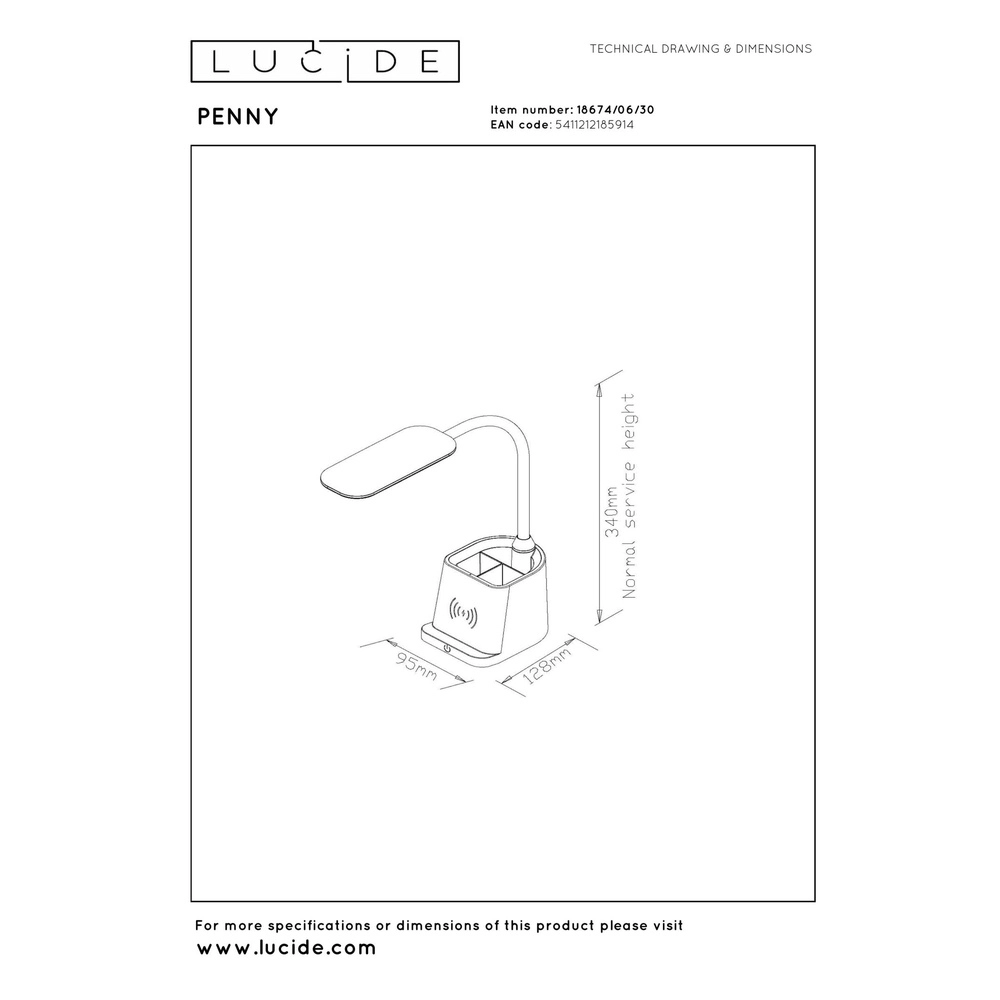 Desk lamp Penny with wireless charging panel black Lucide 5411212185914