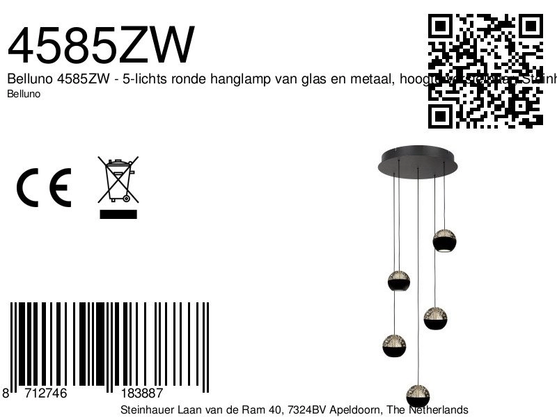 5-light vide pendant lamp Belluno LED - Black with Glass Steinhauer 8712746183887