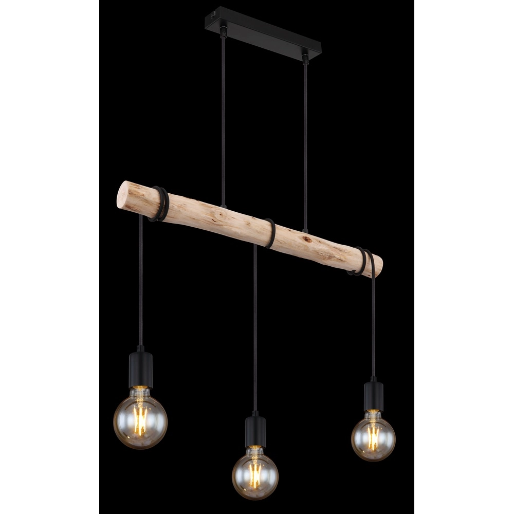 3-light dining table pendant lamp Gregor black with wood Globo 9007371436330