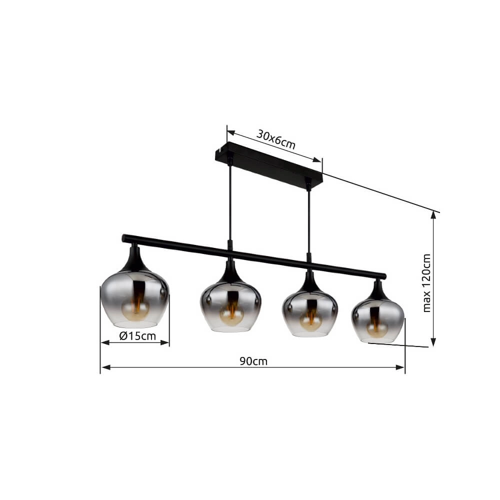 4-light pendant lamp Maxy black with smoke glass Globo 9007371471188
