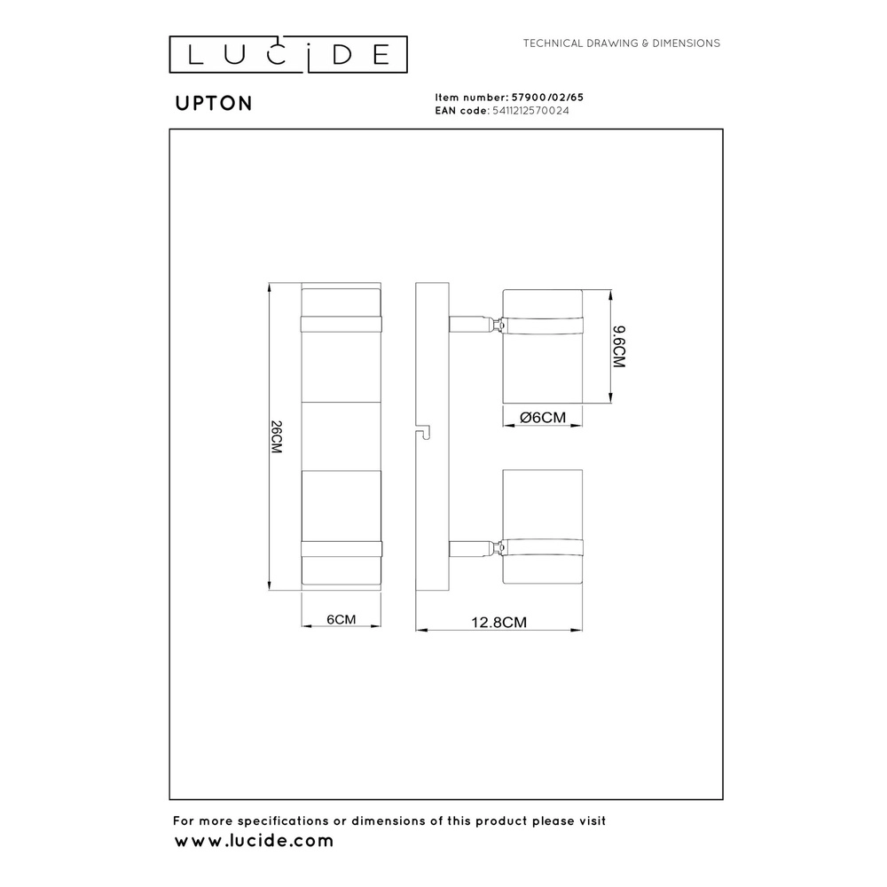 Ceiling spotlight Upton 2-light black Lucide 5411212570024