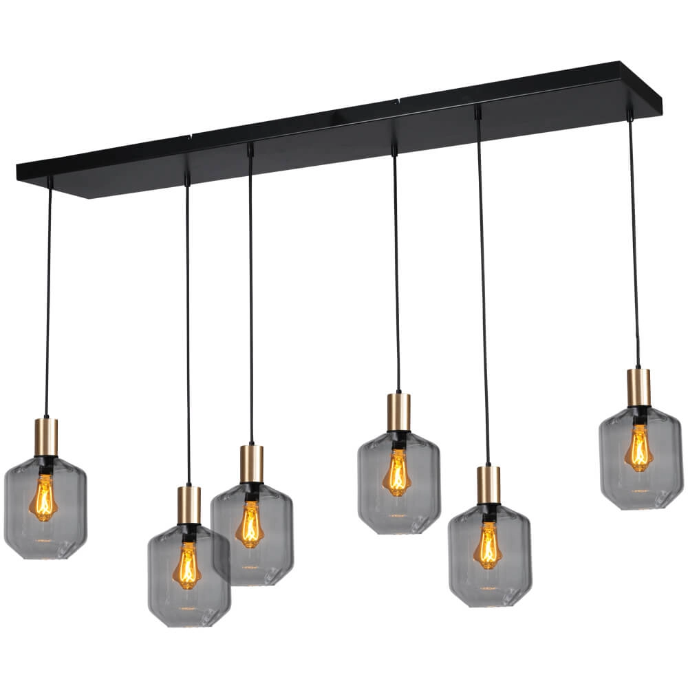 6-light hanging lamp - gold - Porto with Jagger smoke glasses
