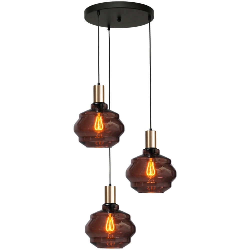 3-light loft hanging lamp - gold - Porto with Ball red glasses - Ø 24cm