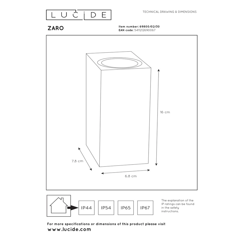 Design wall spot Zaro IP65 up & down black Lucide 5411212690067