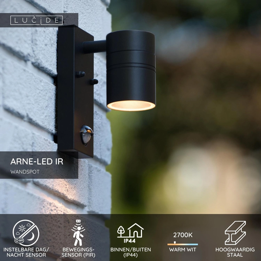 Wall spotlight Arne-Led Ir Down Black with sensor Lucide 5411212143853