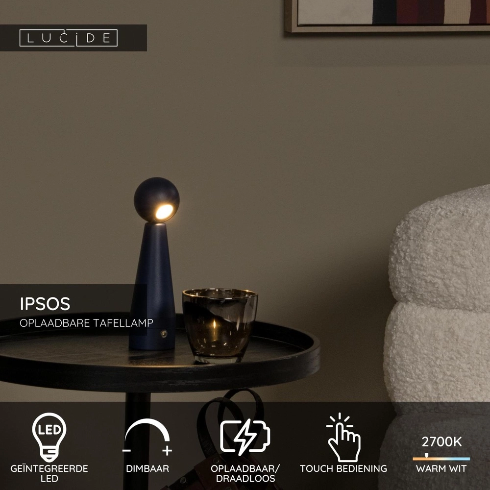 Rechargeable table lamp Ipsos blue Lucide 5411212333971