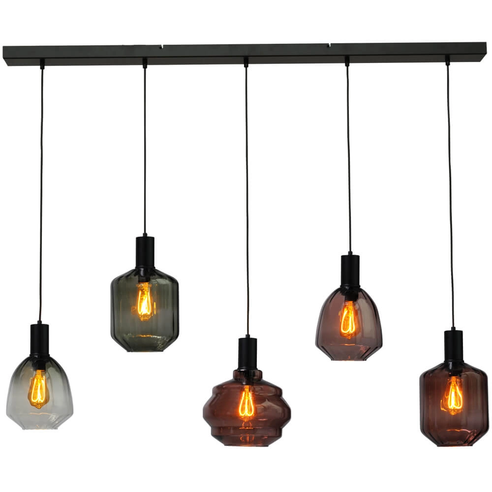 5-light hanging lamp - black - Porto with different glasses