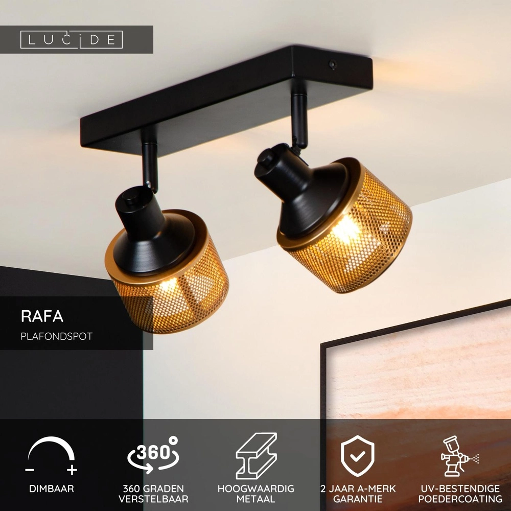Ceiling lamp Rafa 2-light black with copper Lucide 5411212771292