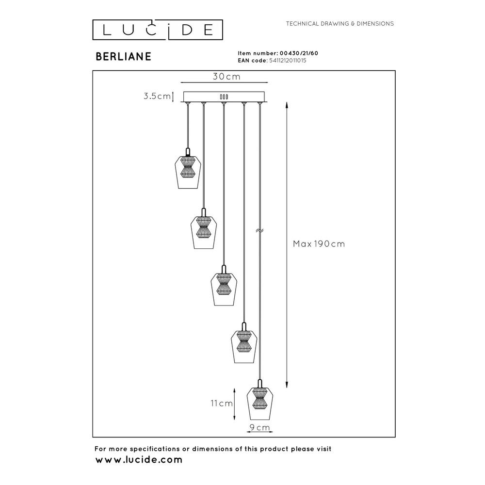 Unique pendant lamp Berliane 5-light round Lucide 5411212011015