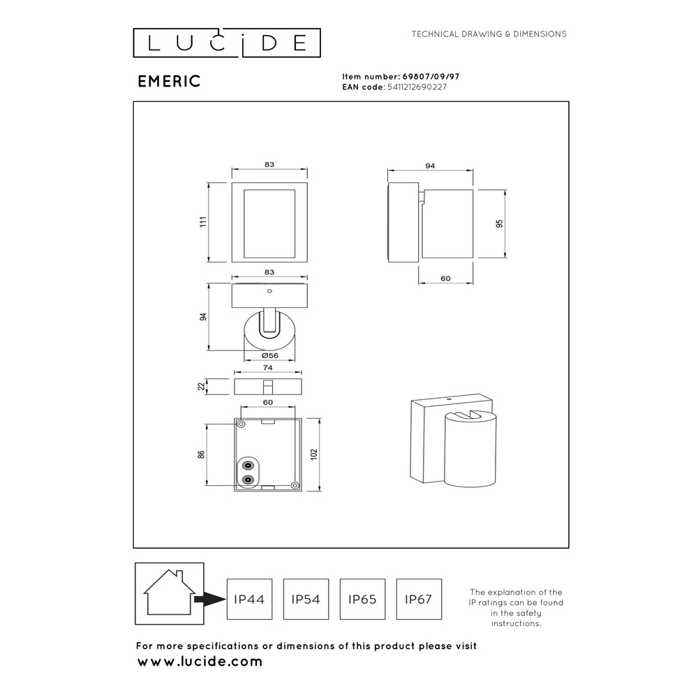 Wall spot IP65 Emeric Rusty brown Lucide 5411212690227
