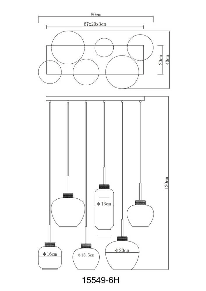 6-light pendant lamp Matt black with wood Globo 9007371441518