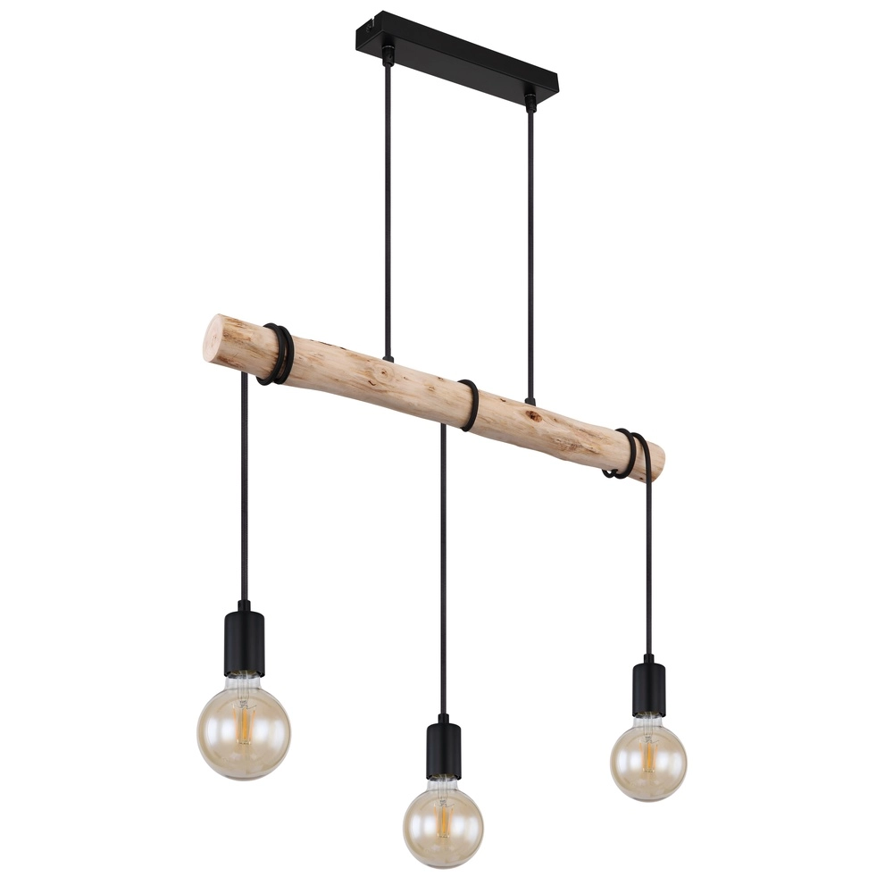 3-light dining table pendant lamp Gregor black with wood Globo 9007371436330