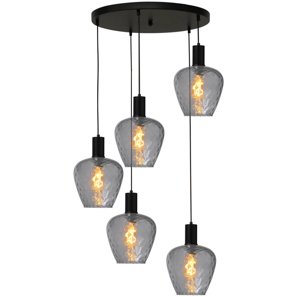 5-light loft hanging lamp - black - Porto with Diamond smoke glasses