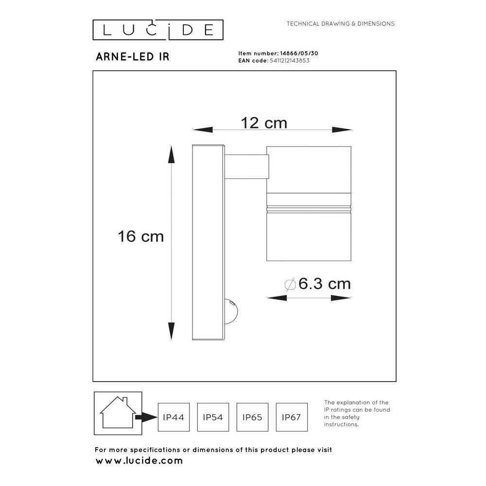 Wall spotlight Arne-Led Ir Down Black with sensor Lucide 5411212143853