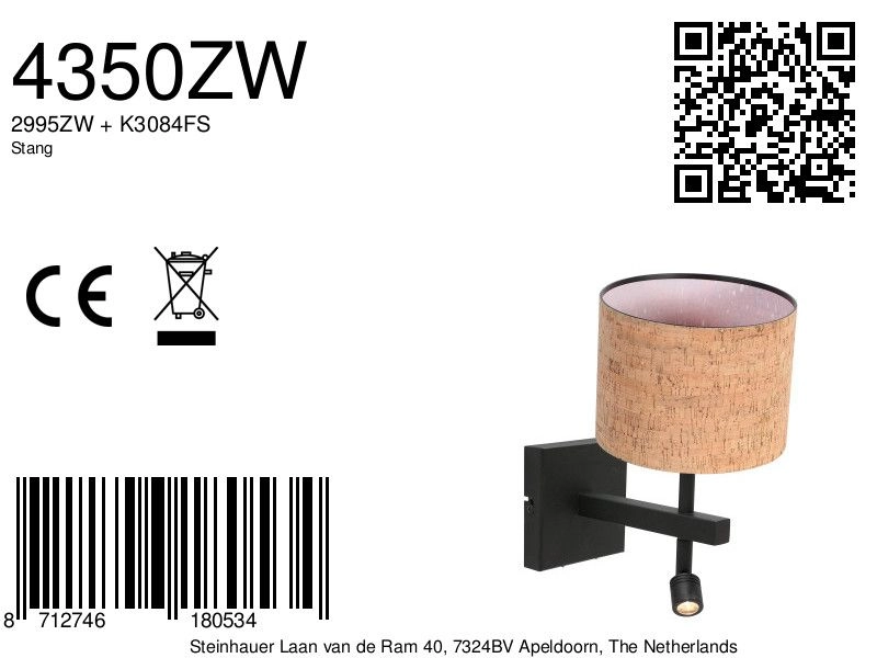 Black bedside lamp Stang with cork cap Ø20cm Steinhauer 8712746180534