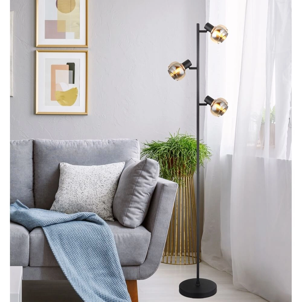 Black floor lamp Tokki 3-light amber smoke glass Globo 9007371449033