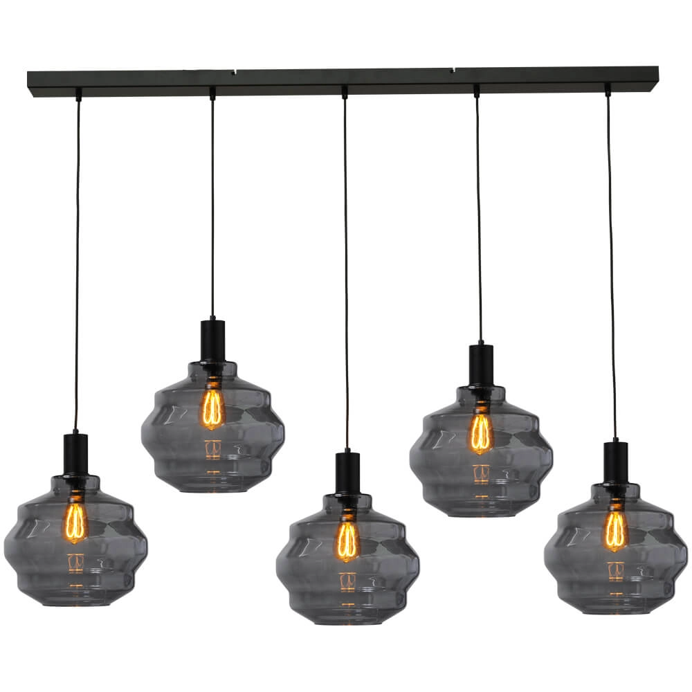 5-light hanging lamp - black - Porto with Ball smoke glasses - Ø 30cm