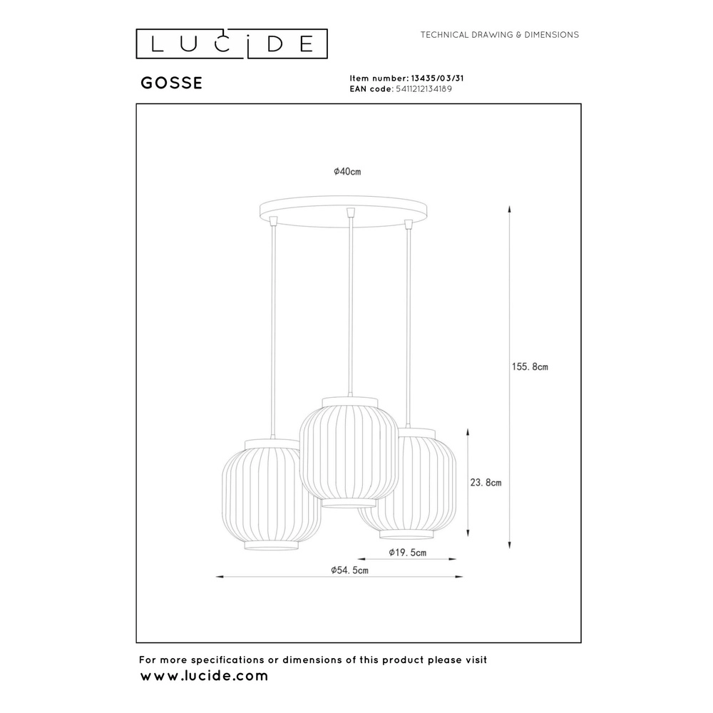 Design pendant lamp Gosse 3-light gold with white Lucide 5411212134189