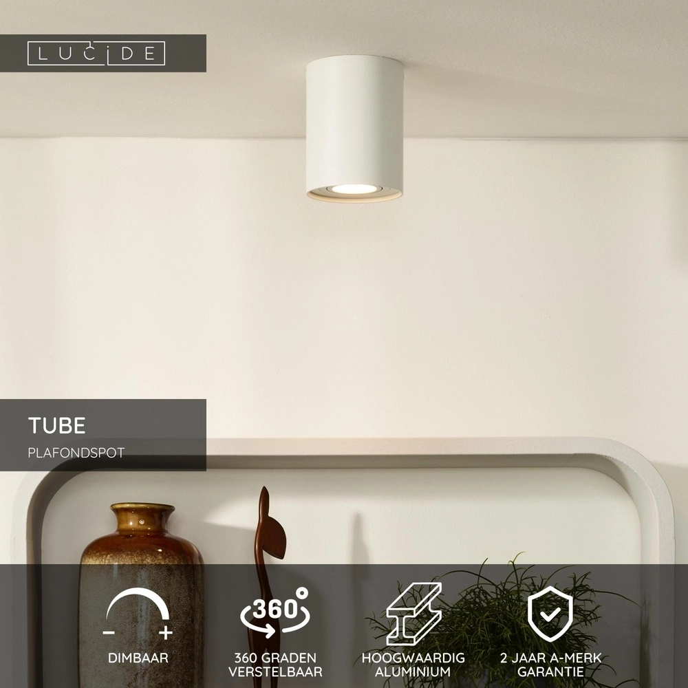Surface-mounted ceiling spot Tube white Ø 9.6cm Lucide 5411212220790