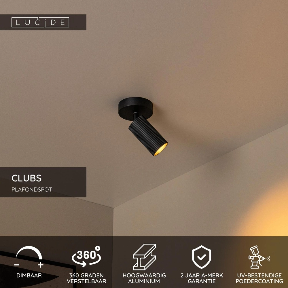 Surface-mounted ceiling spot Clubs Black Lucide 5411212093486
