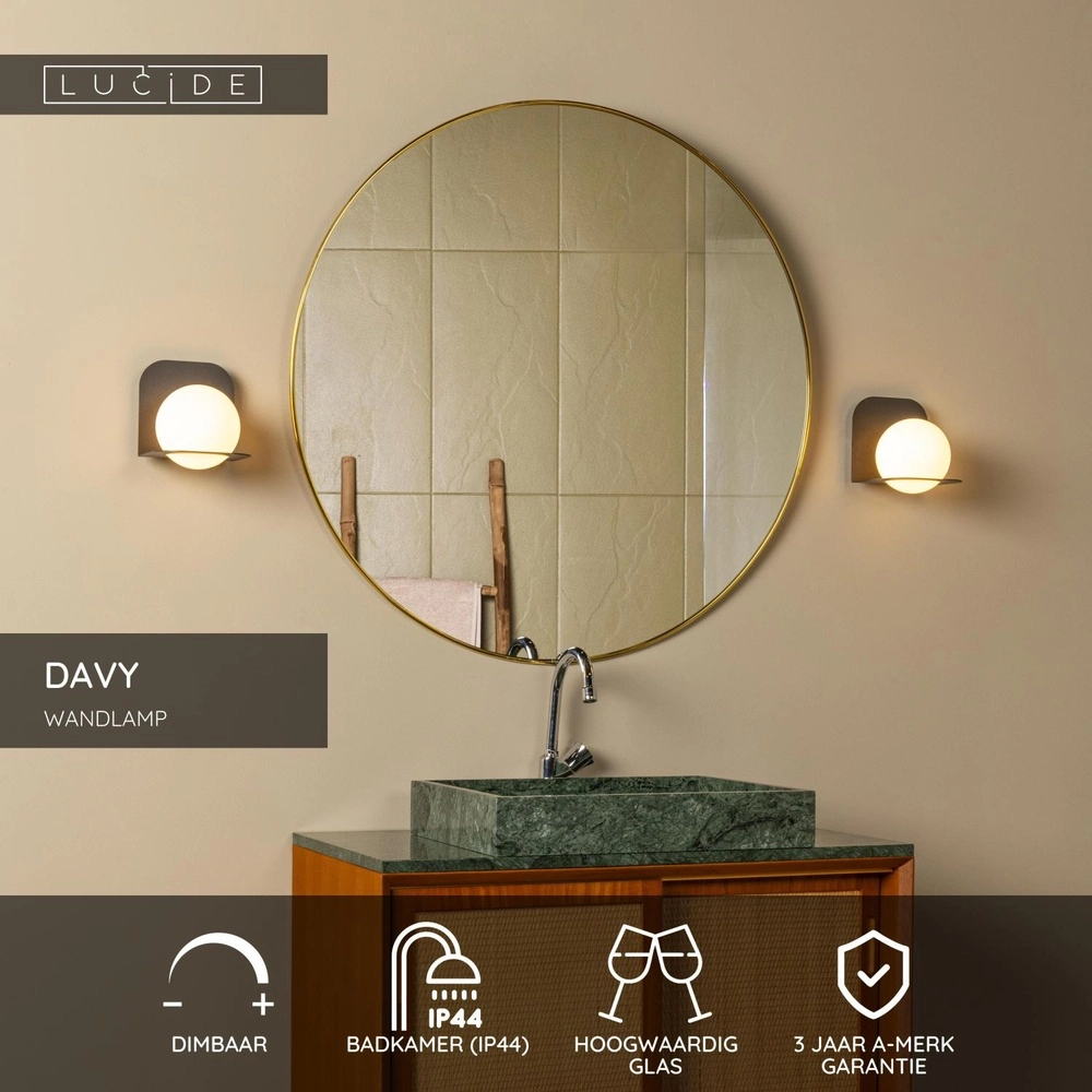 Design wall lamp Davy black suitable for bathroom Lucide 5411212040558