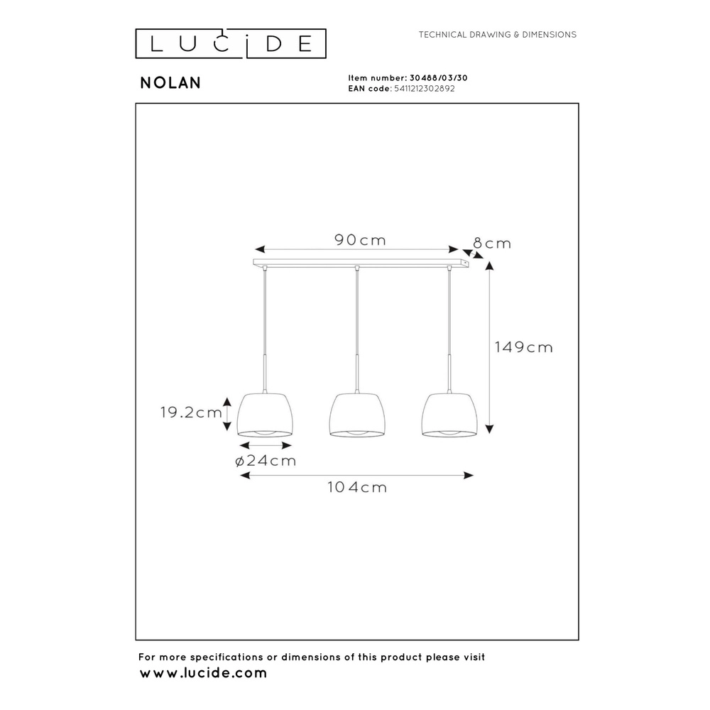 3-light pendant lamp Nolan Black Lucide 5411212302892