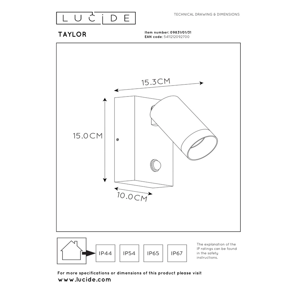 Wall spotlight Taylor IP54 with sensor white Lucide 5411212092700