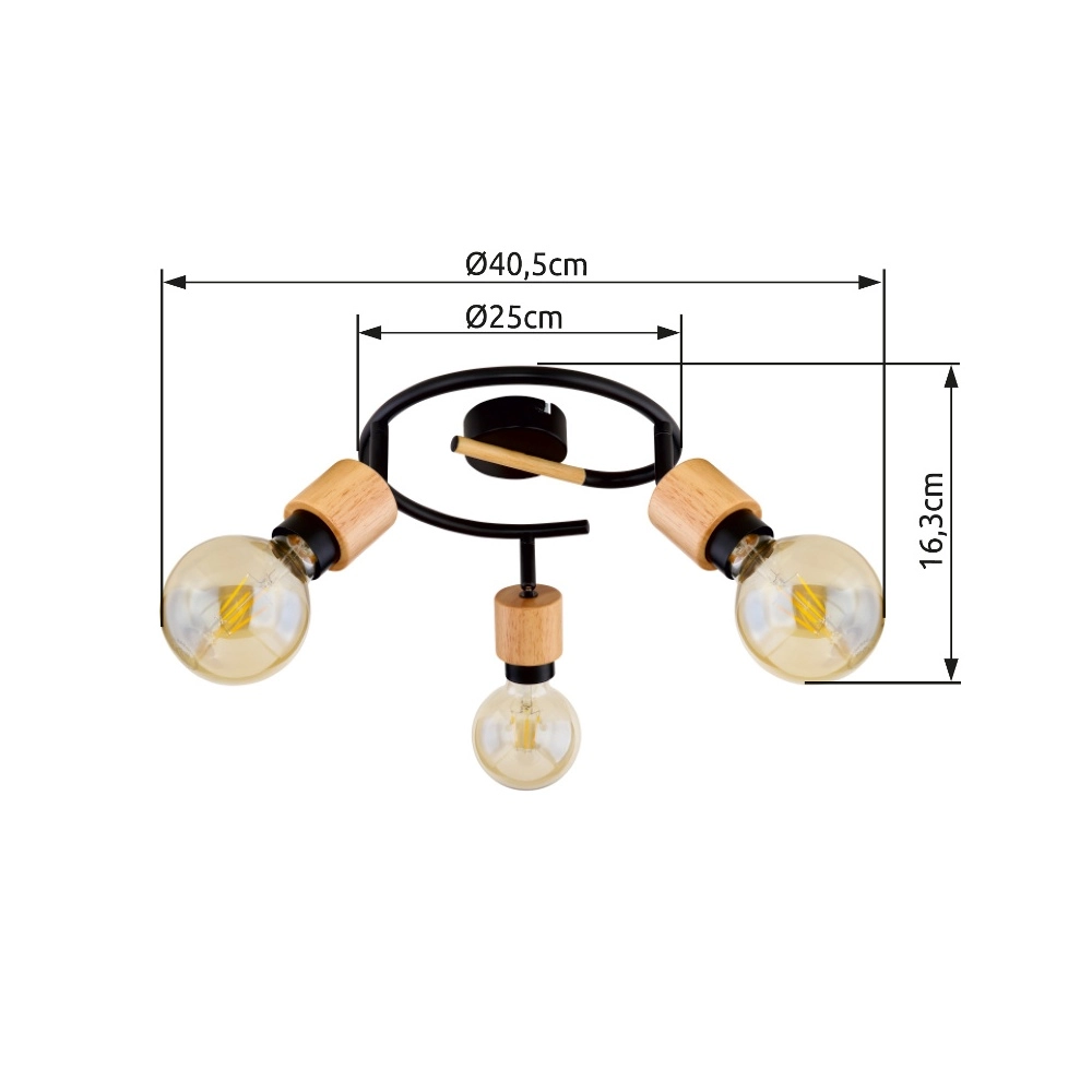 Ceiling lamp Jorna 3-light black with wood Globo 9007371405282