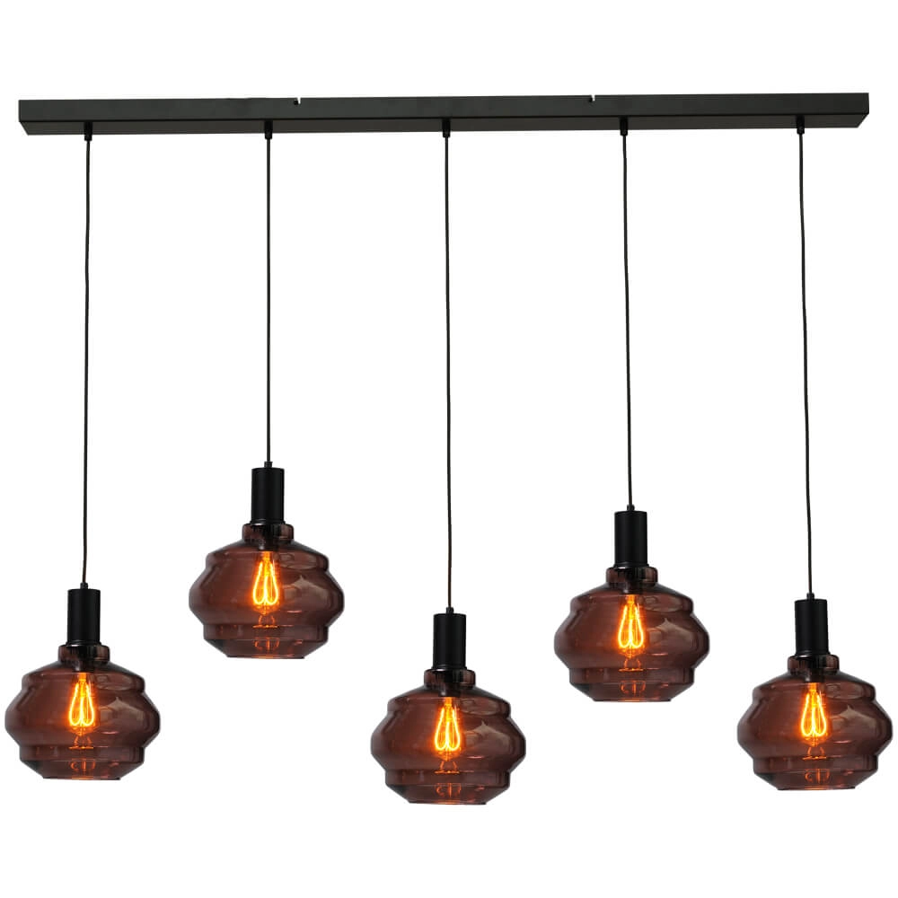 5-light hanging lamp - black - Porto with Ball red glasses - Ø 24cm