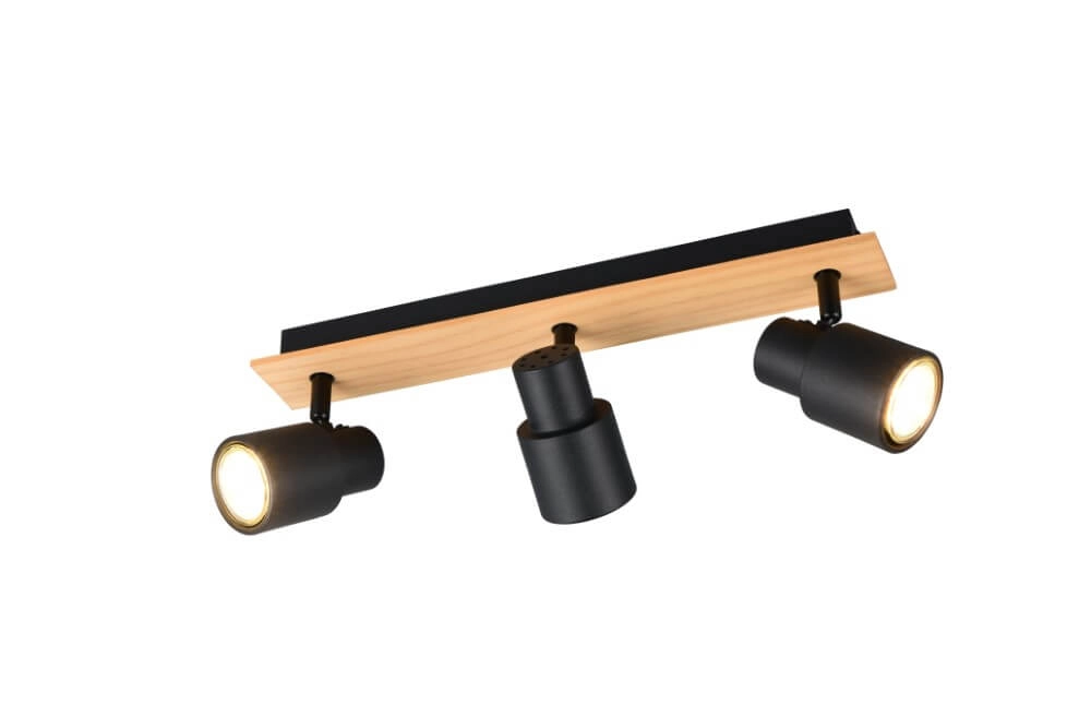 3-light ceiling lamp Pierre black with wood