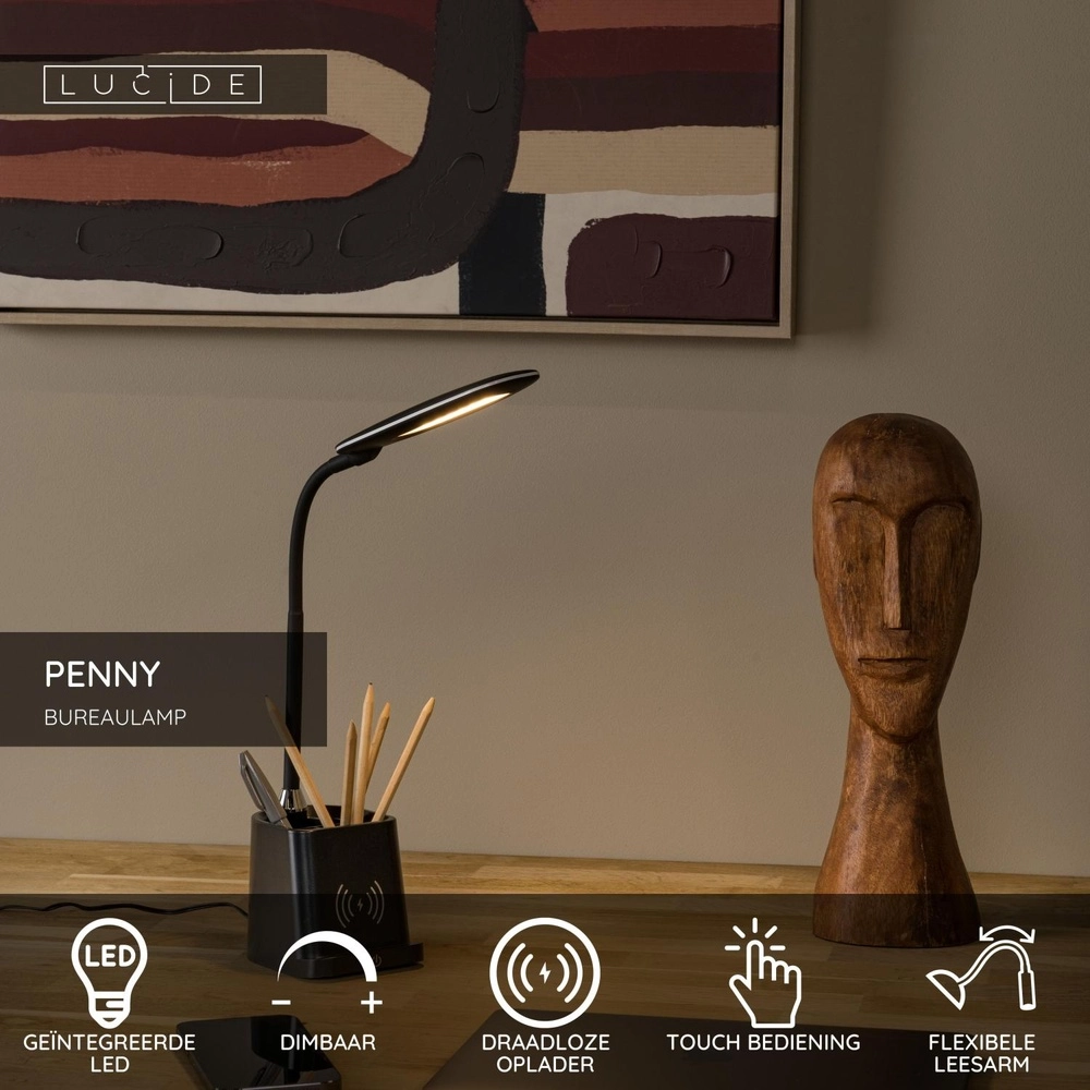 Desk lamp Penny with wireless charging panel black Lucide 5411212185914