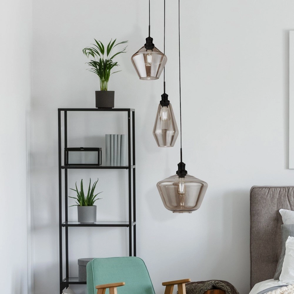 Vide pendant lamp Mia 3-light black with smoke glass Searchlight 5053423158686