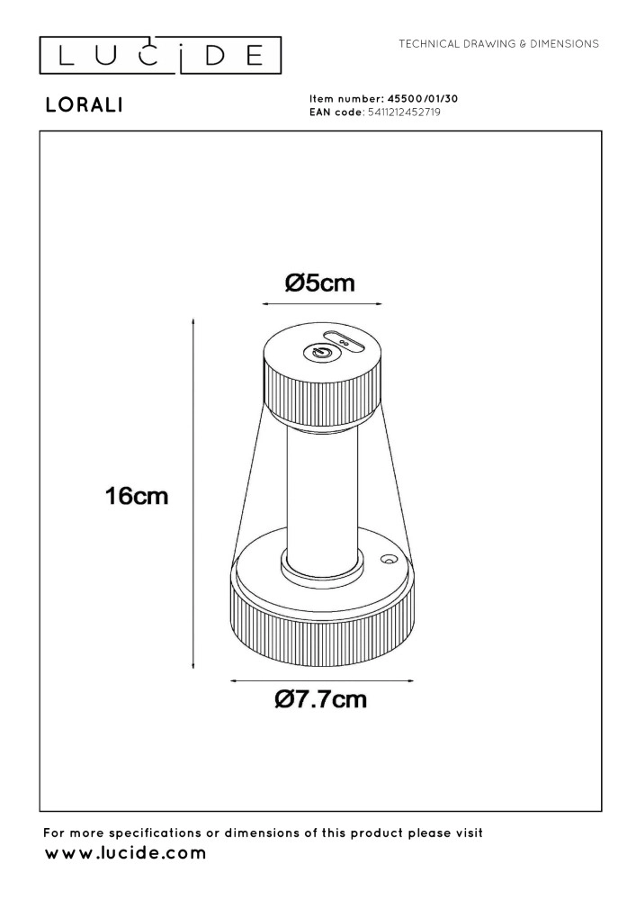 Rechargeable table lamp Lorali Black Lucide 5411212452719