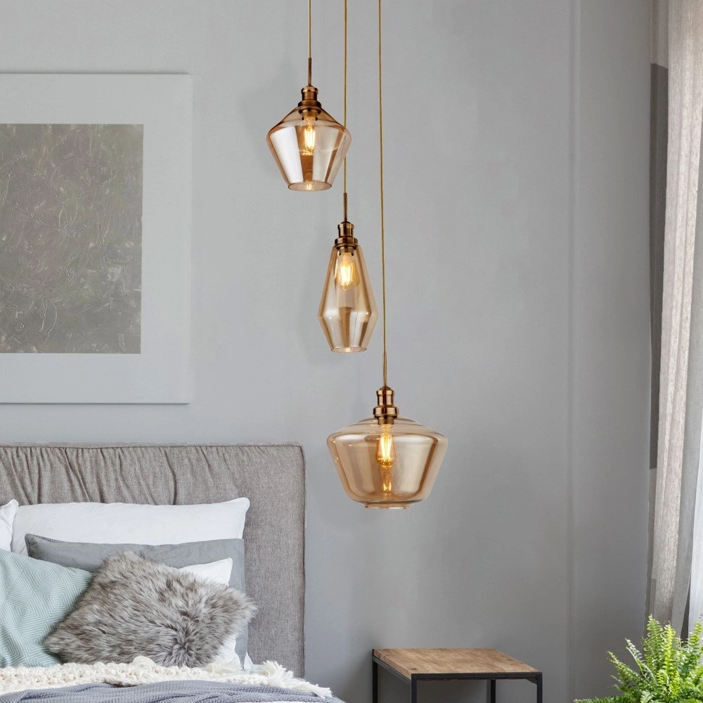 Vide pendant lamp Mia 3-light copper bronze with amber glass Searchlight 5053423158679