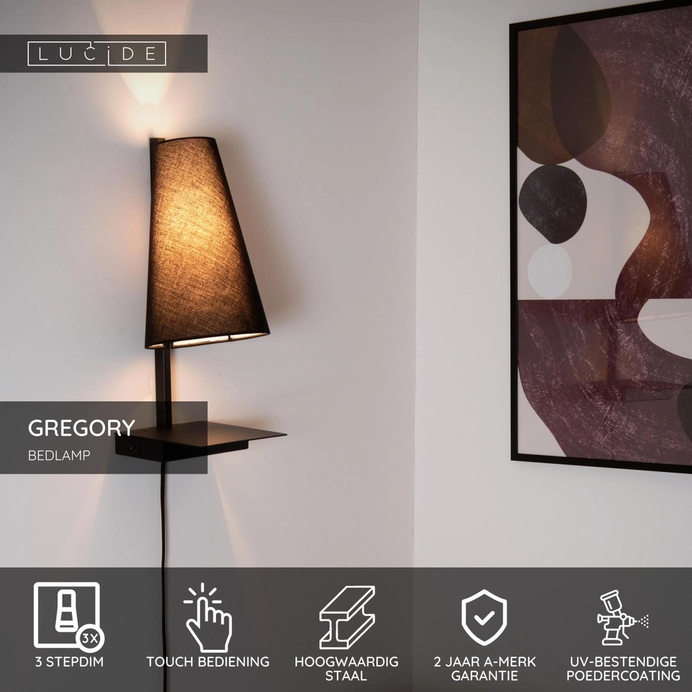 Design bedside lamp Gregory black with USB charging point Lucide 5411212303370