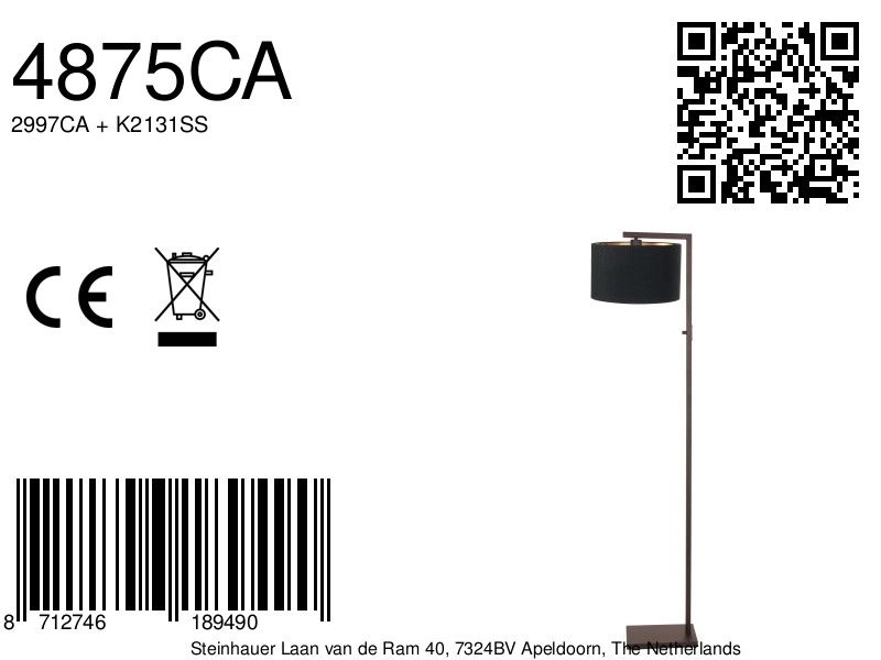 Floor lamp Stang with black hood Steinhauer 8712746189490