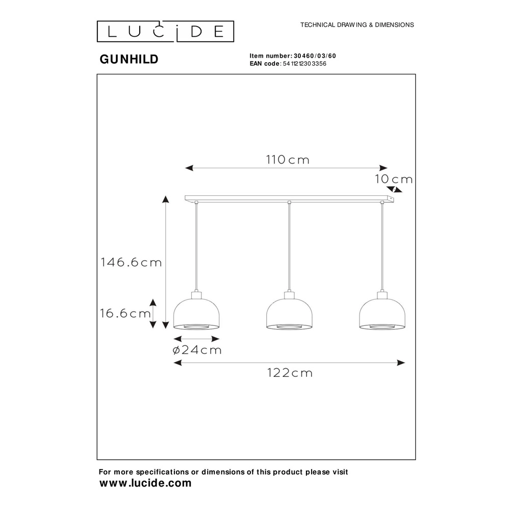 Design pendant lamp Gunhild 3-light gold straight Lucide 5411212303356