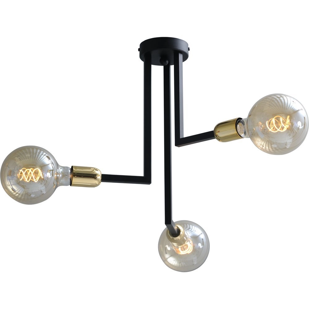 Black ceiling lamp Tube 3-lights with gold fittings